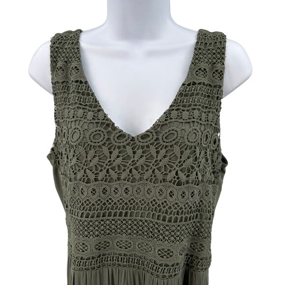 Spense Olive Green Crochet Lace Maxi Tank Dress Womens Medium V-Neck Sleeveless - Picture 2 of 14